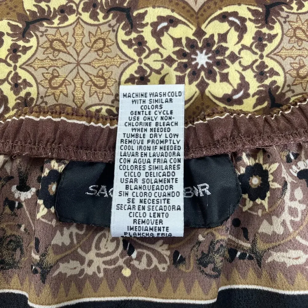 Y2K Midi Skirt Size 14 Brown Medallion Scarf Print Faux Wrap Column Boho Vtg 90s
